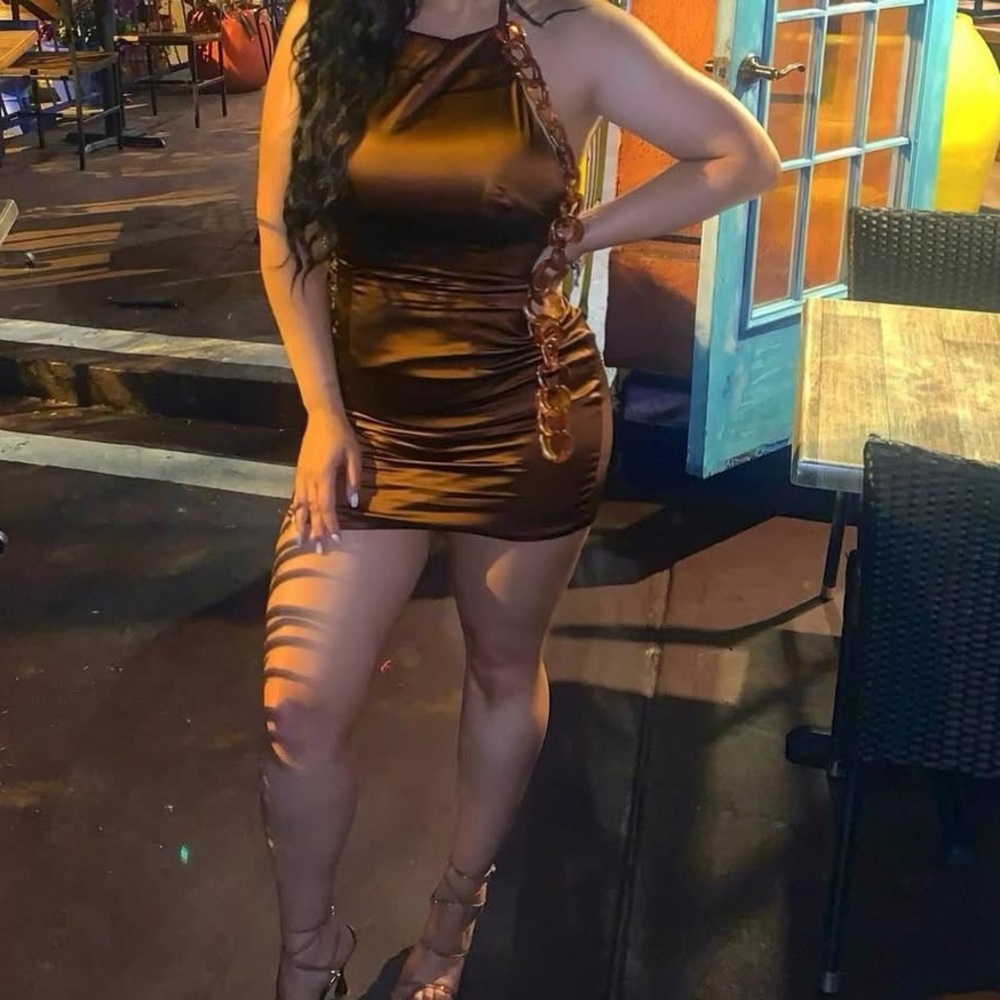 Brown Ruched Halter Mini Dress